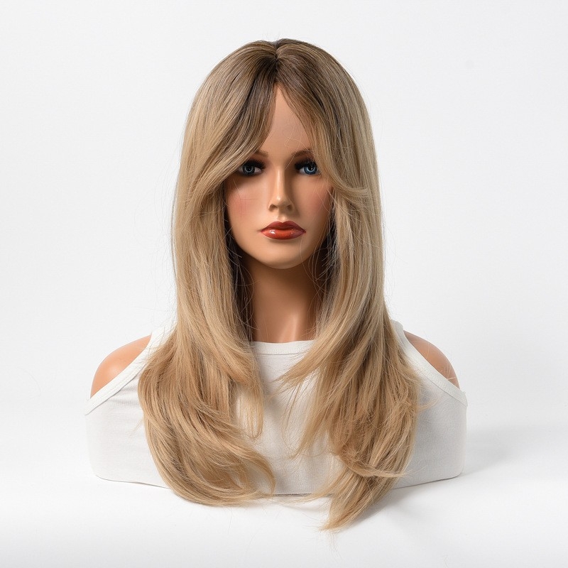 European & American Style Medium-Length Straight Wig - Synthetic Fiber Headpiece - Golden Color