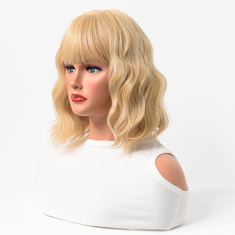 European & American Style Short Curly Wig with Bangs - Wavy Hair - Synthetic Fiber - Matte Silk