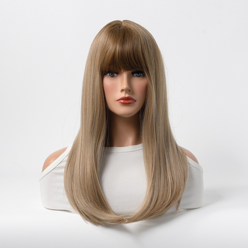 Women's Wig - Milk Tea Brown - Full Bangs - Long Straight Hair - Daily Wear - Manufacturer Wholesale