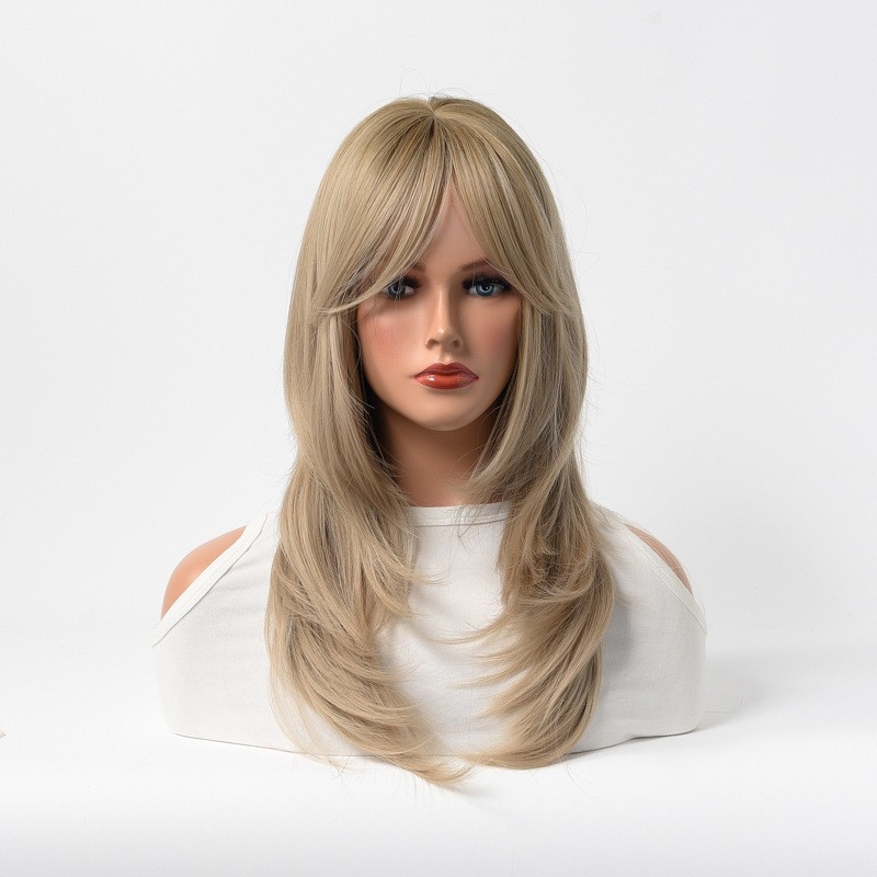 European & American Style Wig for Women - Fluffy Long Bangs - Golden Color - Medium-Length Hair - Synthetic Fiber