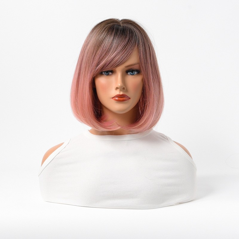 Cross-Border European & American Style Short Straight BOB Wig - Pink Gradient - Synthetic Fiber