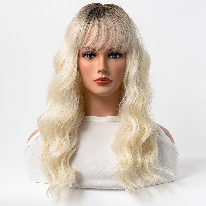 Halloween Women's Wig - Long Curly Hair - Water Waves - Air Bangs - Dyed Platinum Blonde - European & American Style