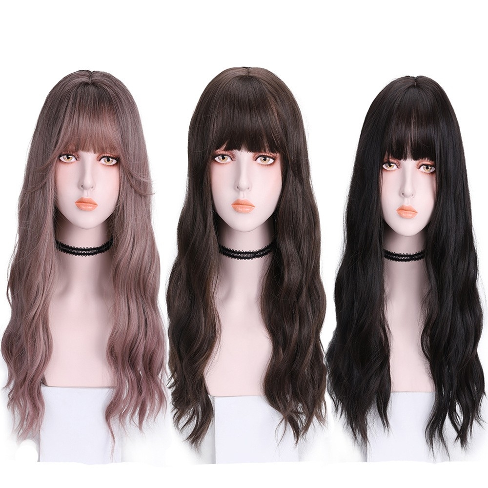 Manufacturer Wholesale Synthetic Wig with Air Bangs, Long Hair with Slight Curls and Waves, Popular Long Curly Hairpiece