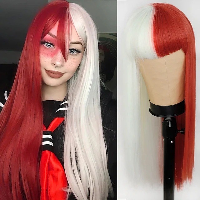 European and American Women's Synthetic Wig with Cross-border Cosplay Style, Black and Pink Two-tone Yin Yang Bob with Bangs, Affordable Headgear for Wholesale