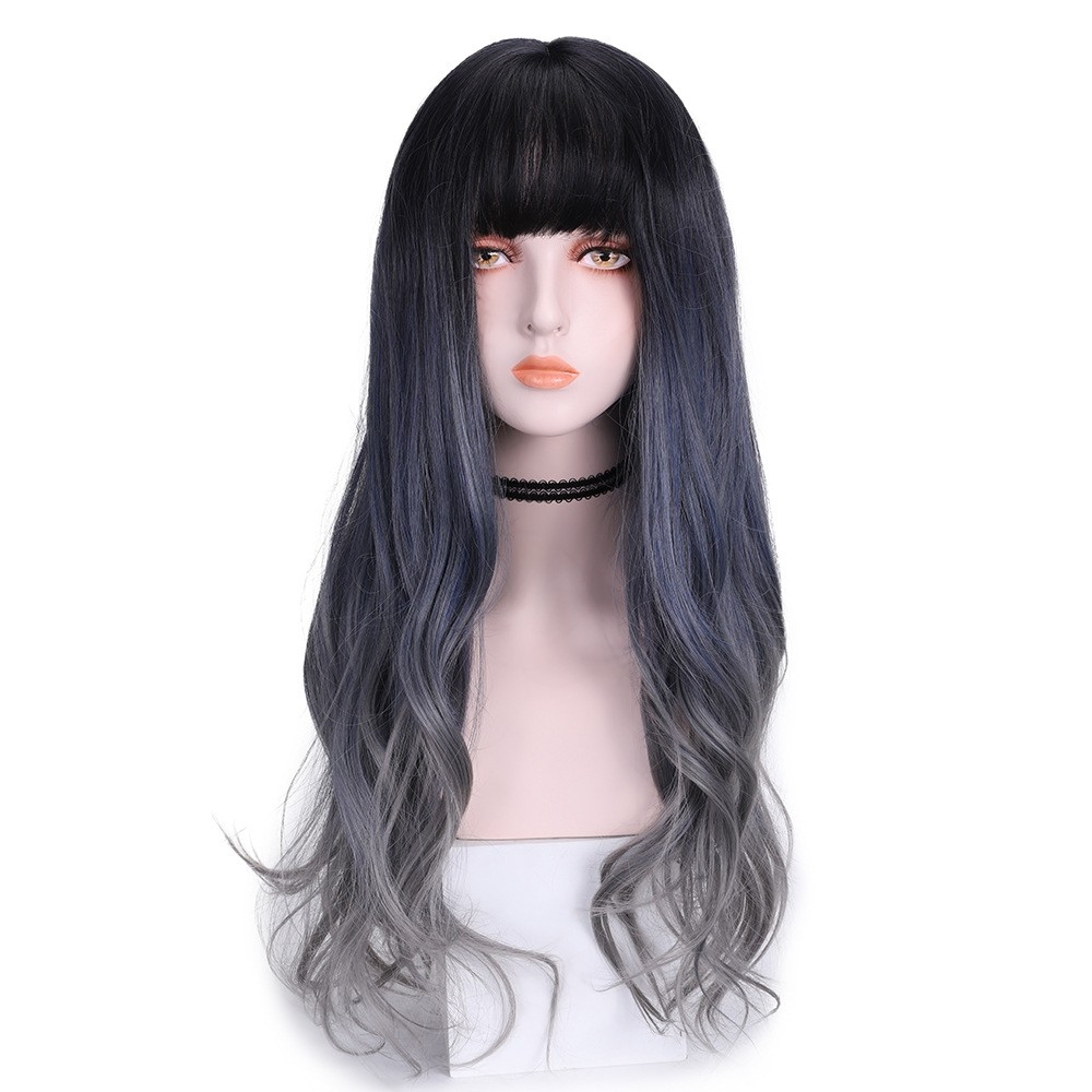 Cross-Border Hot-selling Wig Women's Long Curly Hair, Gradient Blue-Gray Color, Full Head Hairpiece, Popular Hairpiece Wholesale