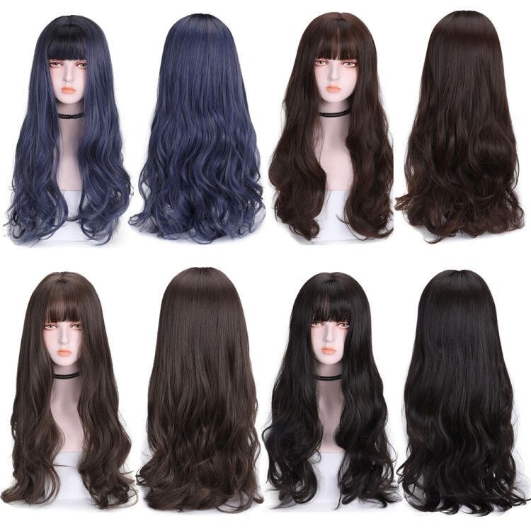 Cross-Border Wholesale Wig Long Curly Hair for Women, Lightweight Texture, Fashionable Air Bangs, Realistic Scalp Wig for Large Head