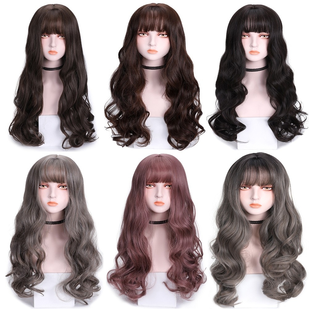 Yiwu Manufacturer Fashionable Large Waves, Air Bangs, Long Curly Hair, Matte High-Temperature Silk Wig, Synthetic Fiber Hairpiece