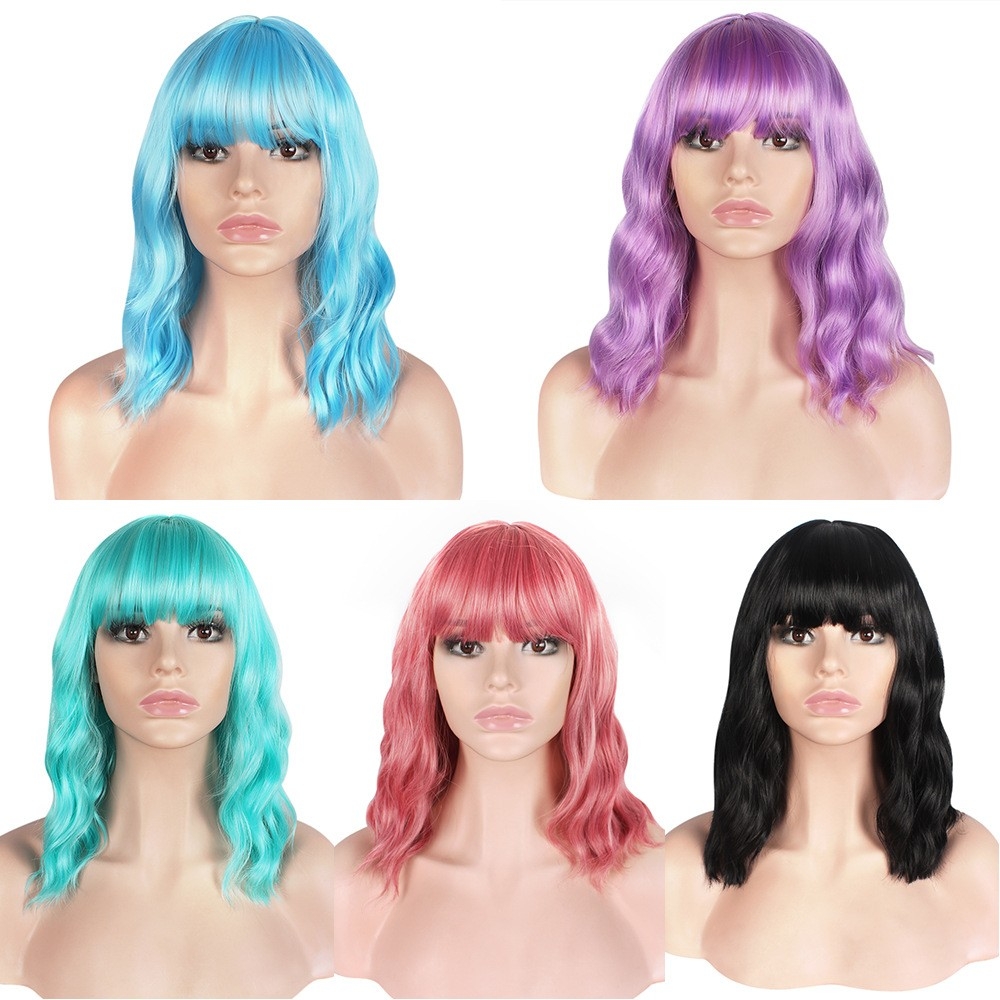 European and American-style Wig with Fashionable Short Curly Hair, Water Wave Curls, Full Bangs, and Shoulder-Length, Produced by Popular Yiwu Factory