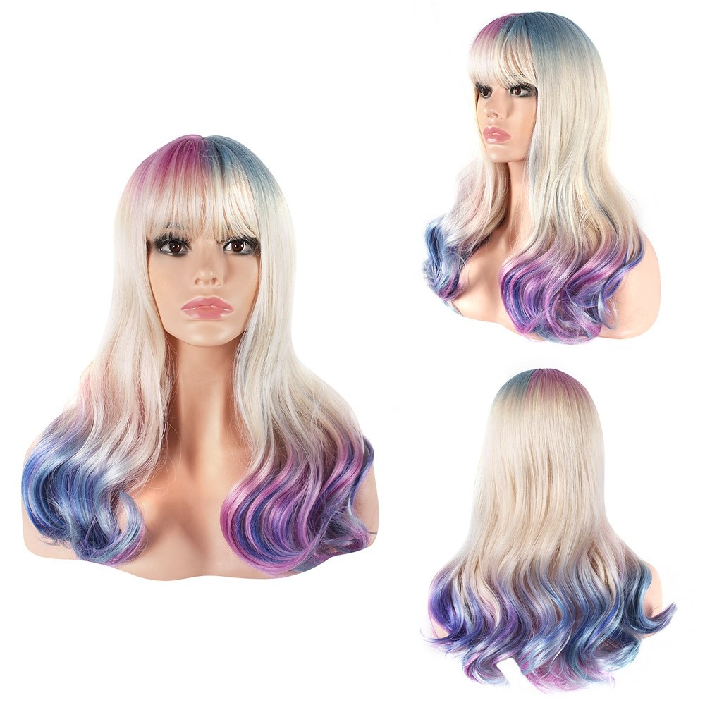 European and American New Fashion Wig for Women, Cross-Border Headpiece, Synthetic Fiber Material, Colorful Medium-Length Long Curly Hair, Wig for Cosplay