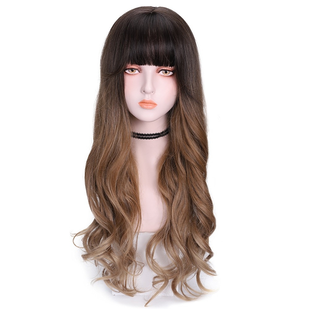 Cross-Border Hot-Selling Wig for Women with Long Hair, Air Bangs, Suitable for Round Faces, Full Head Coverage, Khaki Ombre Color Long Curly Hair