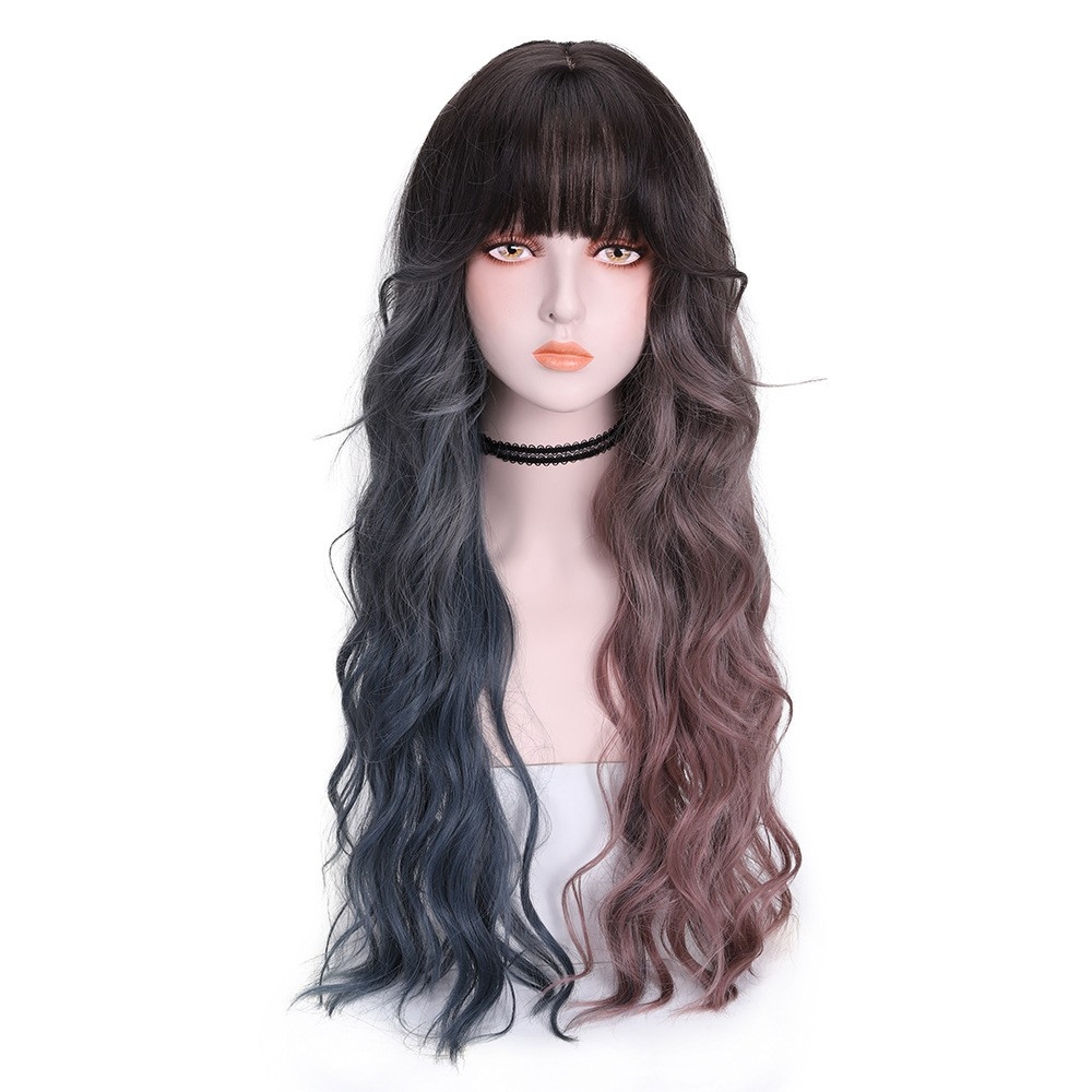 European and American Trendy Wig for Women with Long Hair, Yin-Yang Color, Full Head Coverage, Big Wavy Hair, Two-Tone, Bangs, Wholesale