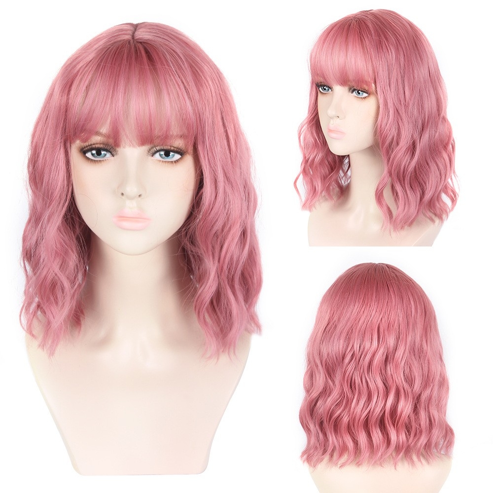 European and American Pink Short Wig for Women - Synthetic Fiber Hairpiece, Short Curly Hair, Silk Water Wave Style, Suitable for Foreign Trade