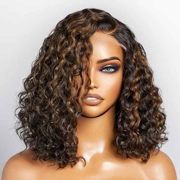 Casual Blonde Highlights Curly Minimalist HD Lace Glueless C Part Short Wig 100% Human Hair