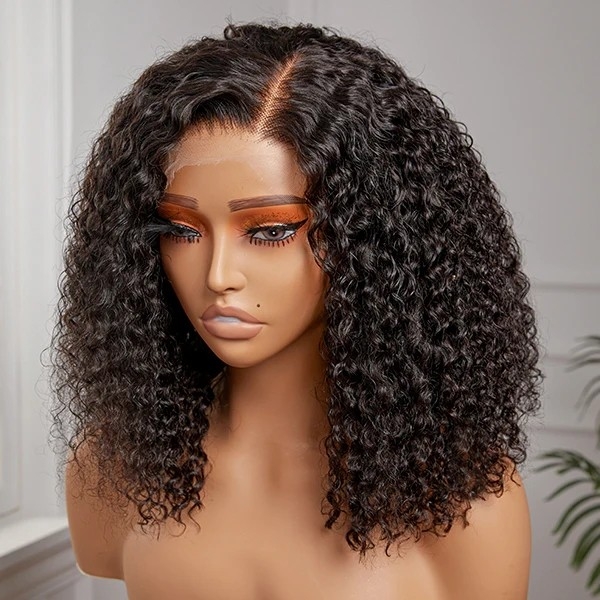 Full Kinky Curly 5x5 Closure HD Lace Glueless Side Part Neck Length Wig 100% Human Hair