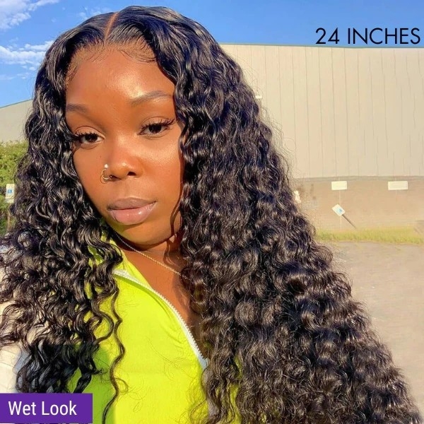 Breathable Deep Wave 4x4 Closure Lace Glueless Mid Part Long Wig 100% Human Hair