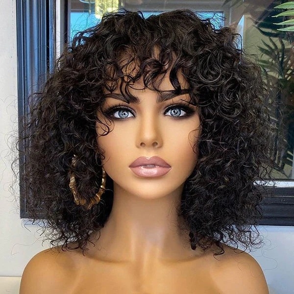 Beginner Friendly Water Wave Minimalist Lace Glueless Short Wig With Bangs 100% Human Hair