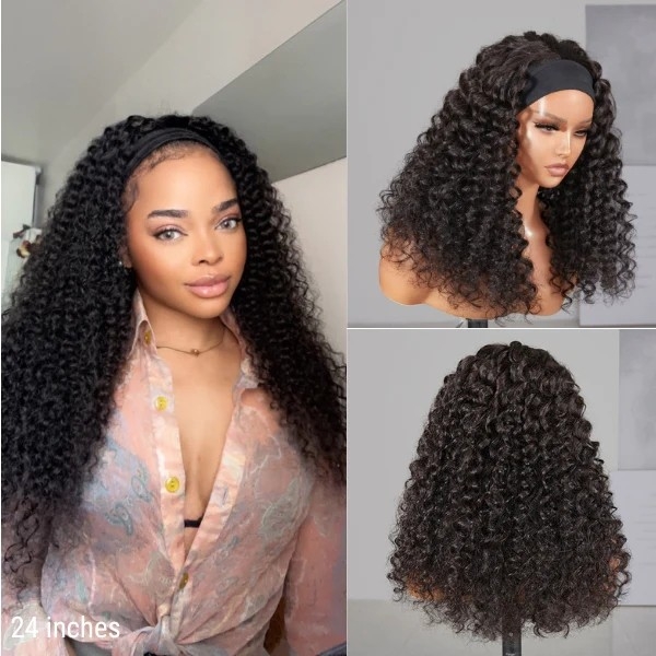 Throw On & Go Deep Wave No Lace Glueless Long Headband Wig 100% Human Hair (Get Free Trendy Headbands)