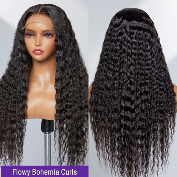 Boho-Chic | Flowy Bohemian Curly 5×5 Closure Lace Glueless Mid Part Long Wig 100% Human Hair