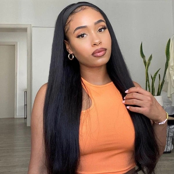 Put On & Go Silky Straight Headband Wig Beginner Friendly 100% Human Hair (Get Free Trendy Headbands)