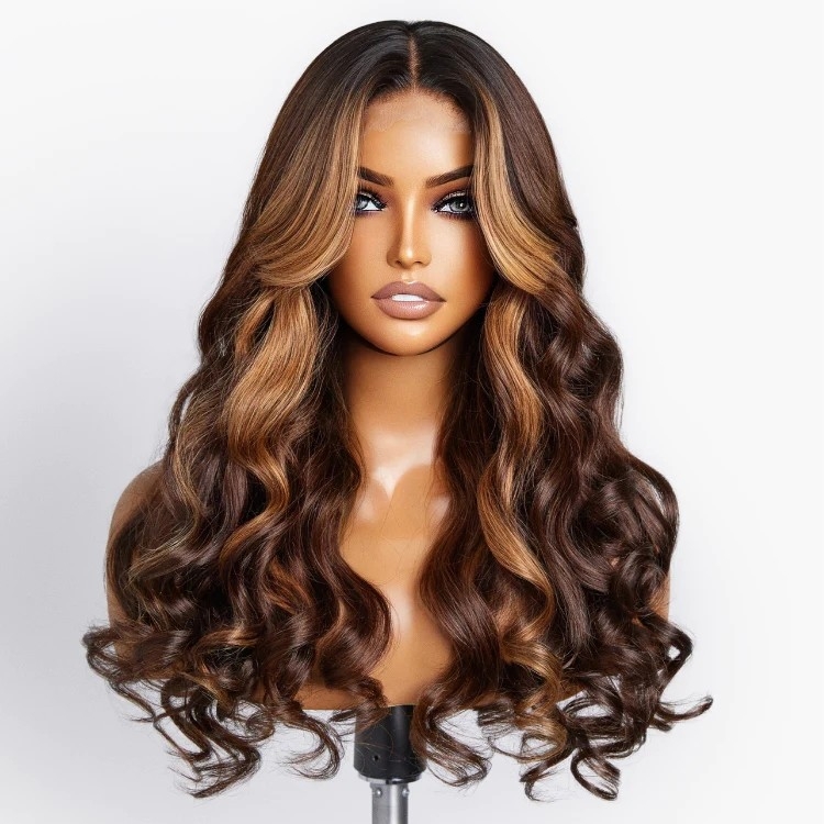 Brown Highlight Loose Wave Glueless 5x5 Closure HD Lace Wig With Curtain Bangs