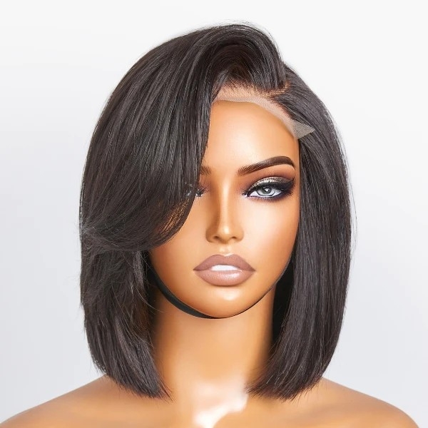 Beginner Friendly Straight Bob 5×5 Lace Glueless Left C Part Short 100% Human Hair Wig With Bangs