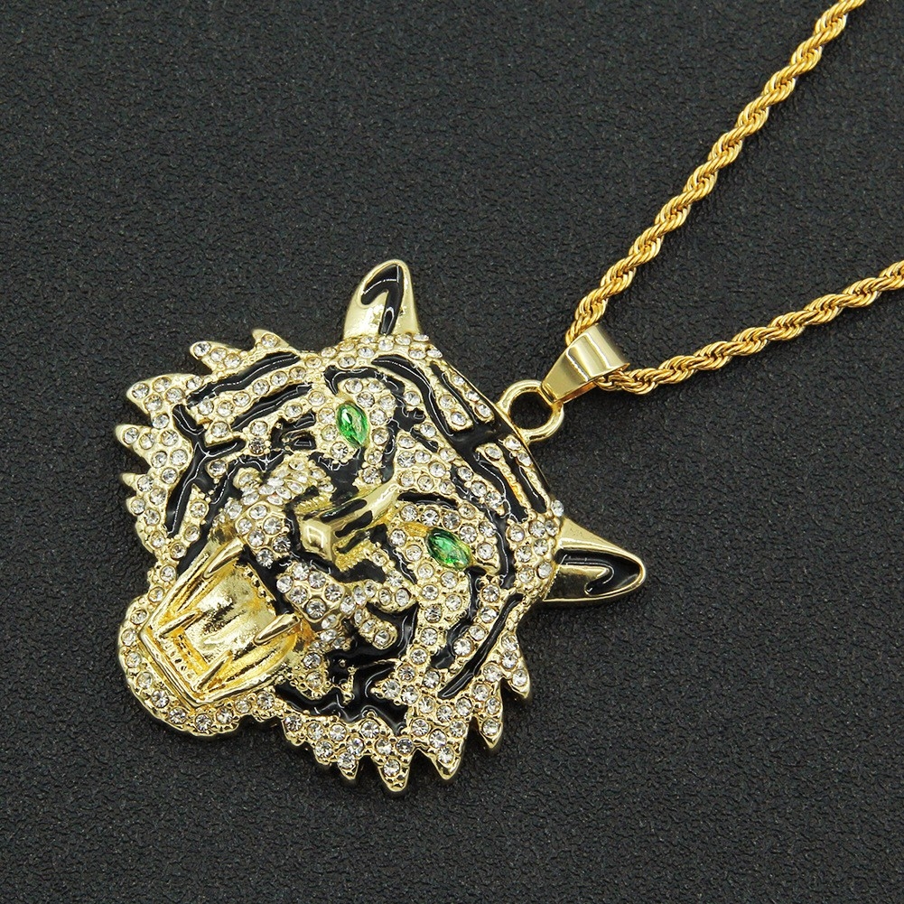 Exaggerated Green Tiger Head Pendant Necklace, Cool Nightclub and Dance Accessories