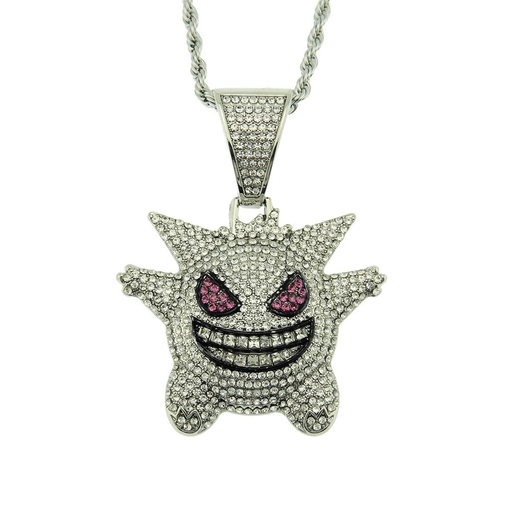 Childhood Memory Inlaid Diamond Hip-hop Pendant, 3D Pet Elf Gengar Pendant, HIPHOP Necklace Accessories