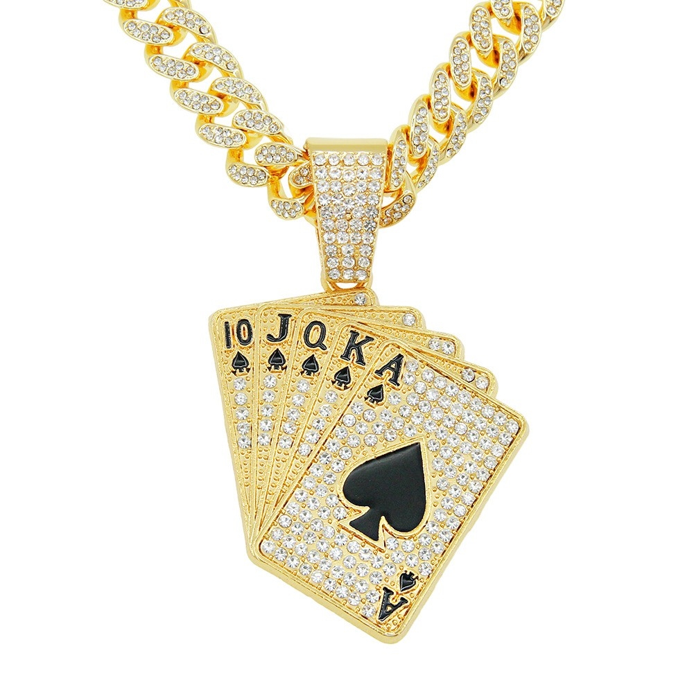 Personalized Inlaid Diamond Poker Pendant Necklace, European and American Hip-hop Rap Street Dance Cool Punk Necklaces