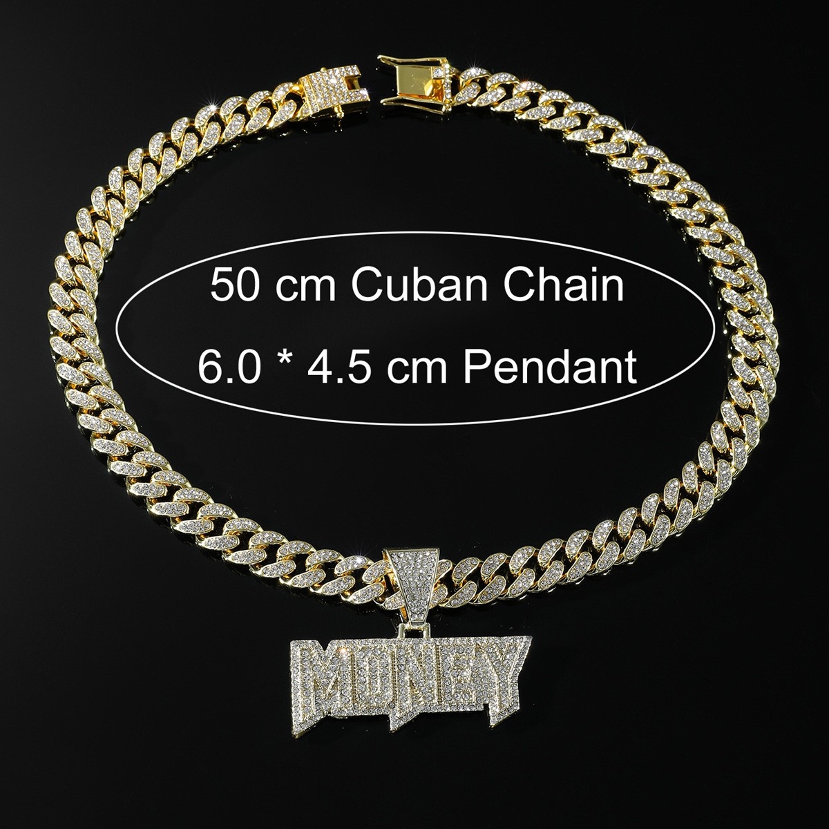 European and American Hip-hop Full Diamond MONEY Letter Pendant Necklace, Exaggerated Punk Cuban Chain Clavicle Chain Jewelry