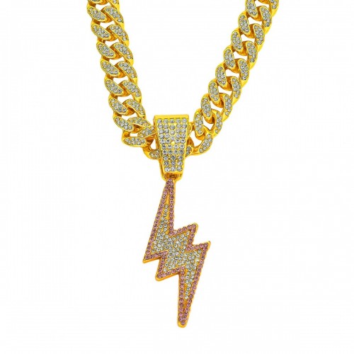 European and American Cool Men's Dual-color Diamond Lightning Pendant Necklace with Flash Diamond Hip-hop Street Dance Rap Cuban Chain