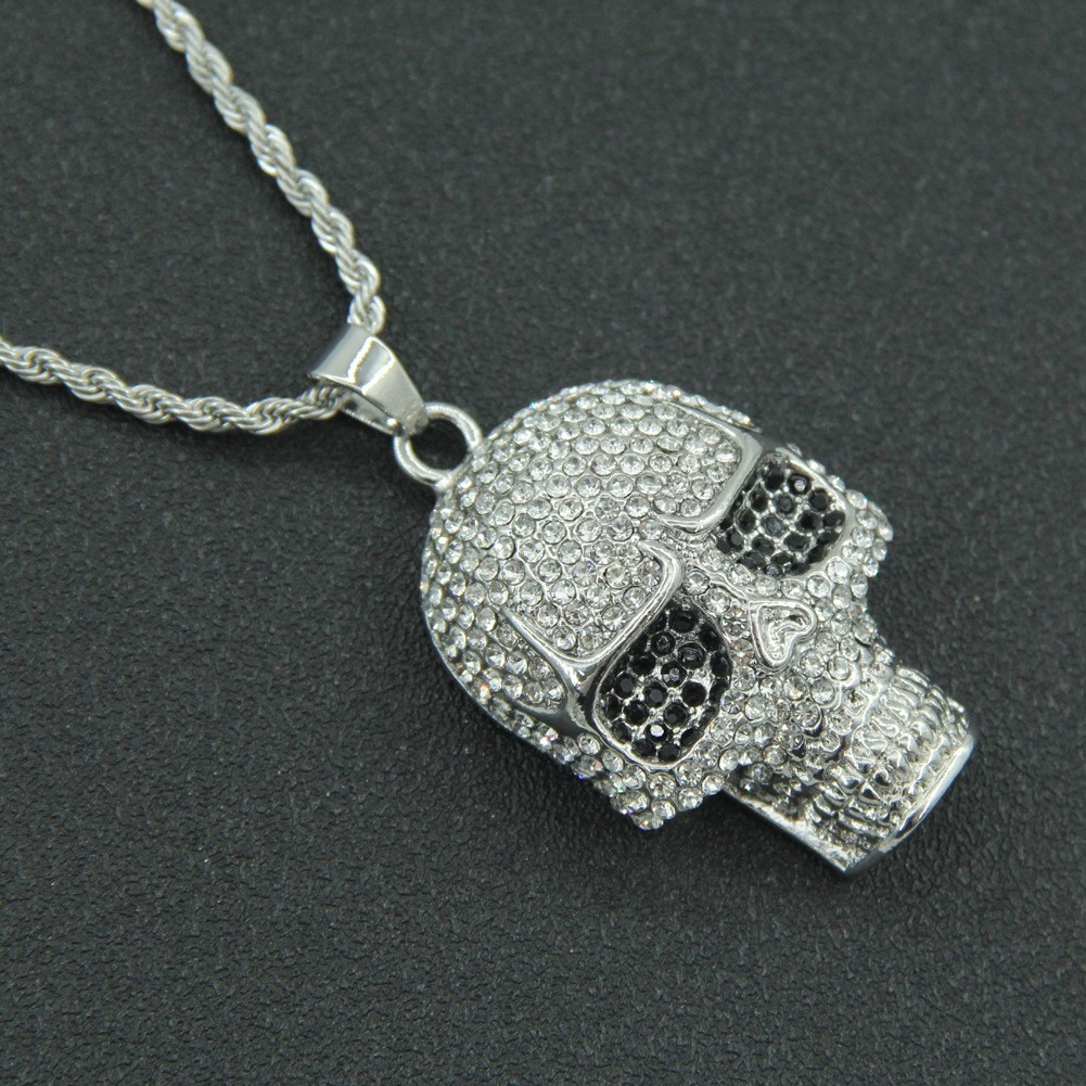 European and American Hip-Hop 3D Fully Studded Skull Head Pendant Necklace - Personalized Nightclub Skull Head Pendant Necklace