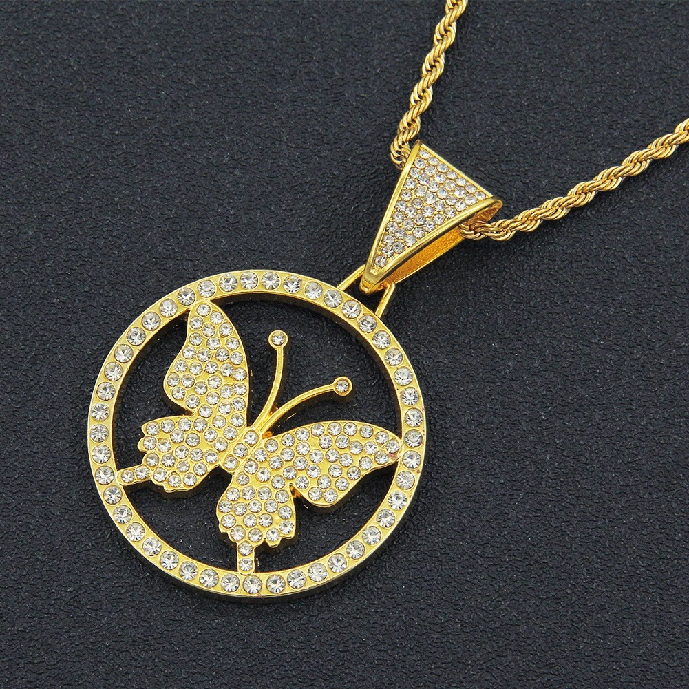 European and American Hip-Hop Cool Creative Hollowed-out Diamond Butterfly Round Pendant Necklace - Personalized Streetwear, Diamond-Studded Cuban Chain