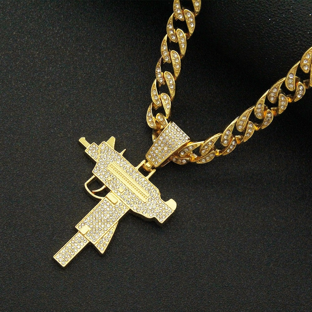 Personalized European and American Exaggerated Cool Diamond-Studded Gun Pendant Necklace - Streetwear Cuban Chain Punk Accessory