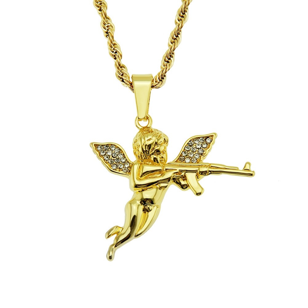 RevengeAngel Diamond-Studded Pendant Necklace - Men's Angel Holding a Gun Accessory Pendant