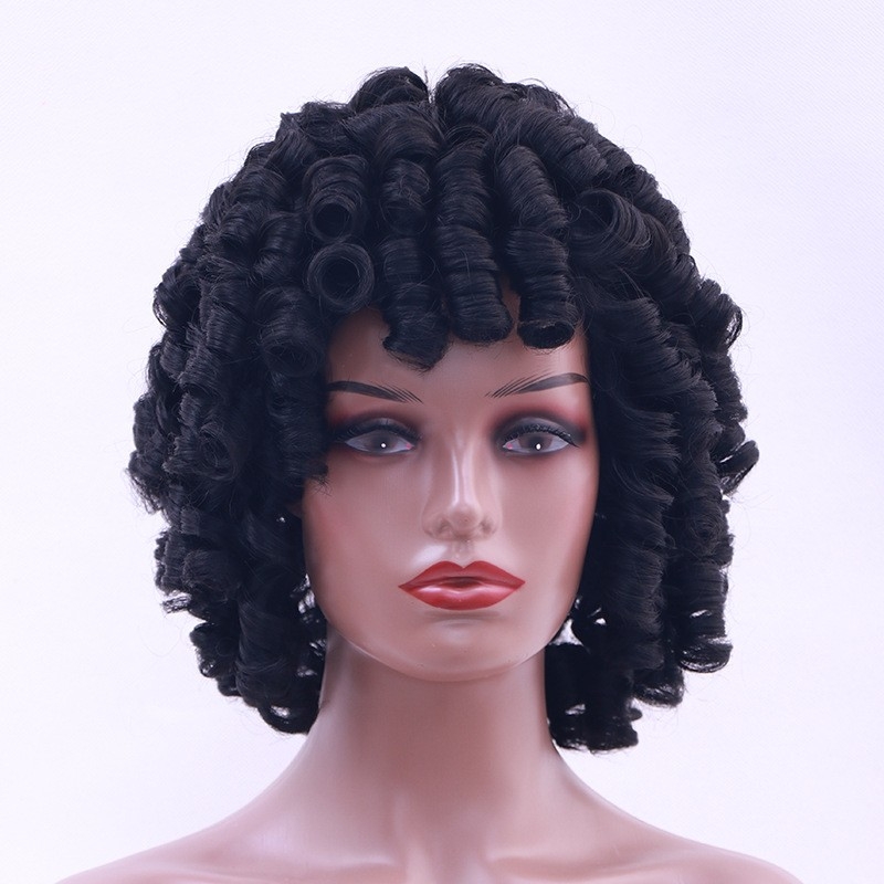 Factory Wholesale Spot Direct Sales African American Europe and America Small Curl Caterpillar Style Wigs for Women Short Hair High Temperature Silk Full Head Cover