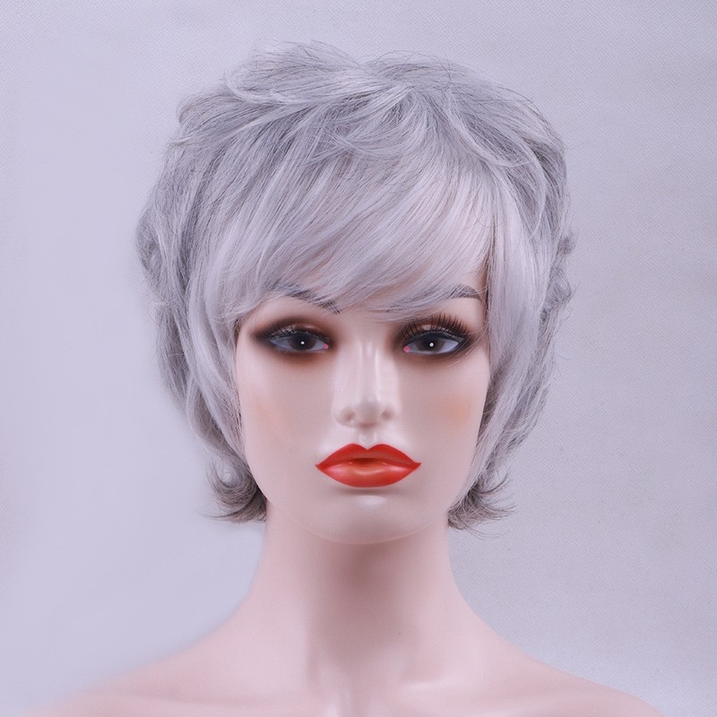 Factory Direct Sale Wholesale Wigs for Women Short Hair White Hair Grandma Gray Cross-border E-commerce Style Synthetic Fiber Fake Head Cover