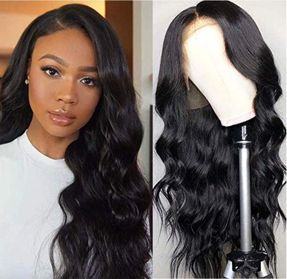 European and American ladies' long curly wigs in black - Amazon's new lace front wigs with center parting, made of synthetic fiber and in stock