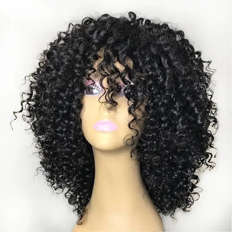 Glueless Kinky Curly Wigs - Short Hair Synthetic Wig with Bangs, Perfect for Women