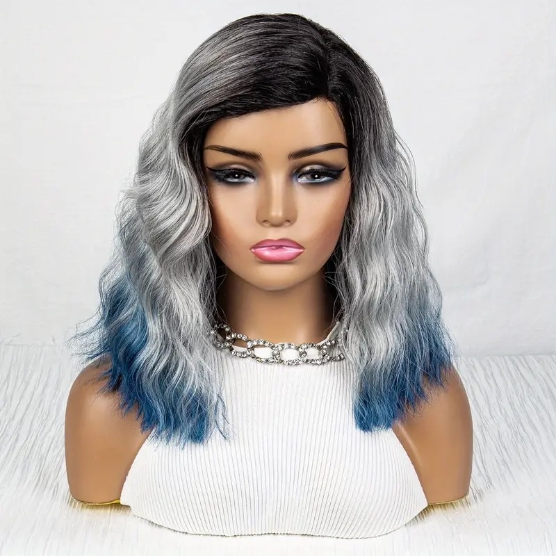 Omber Blue Black Wigs - T-lace Synthetic Shoulder Length Curly Hair with Side Part, Short Bob Wavy Wigs