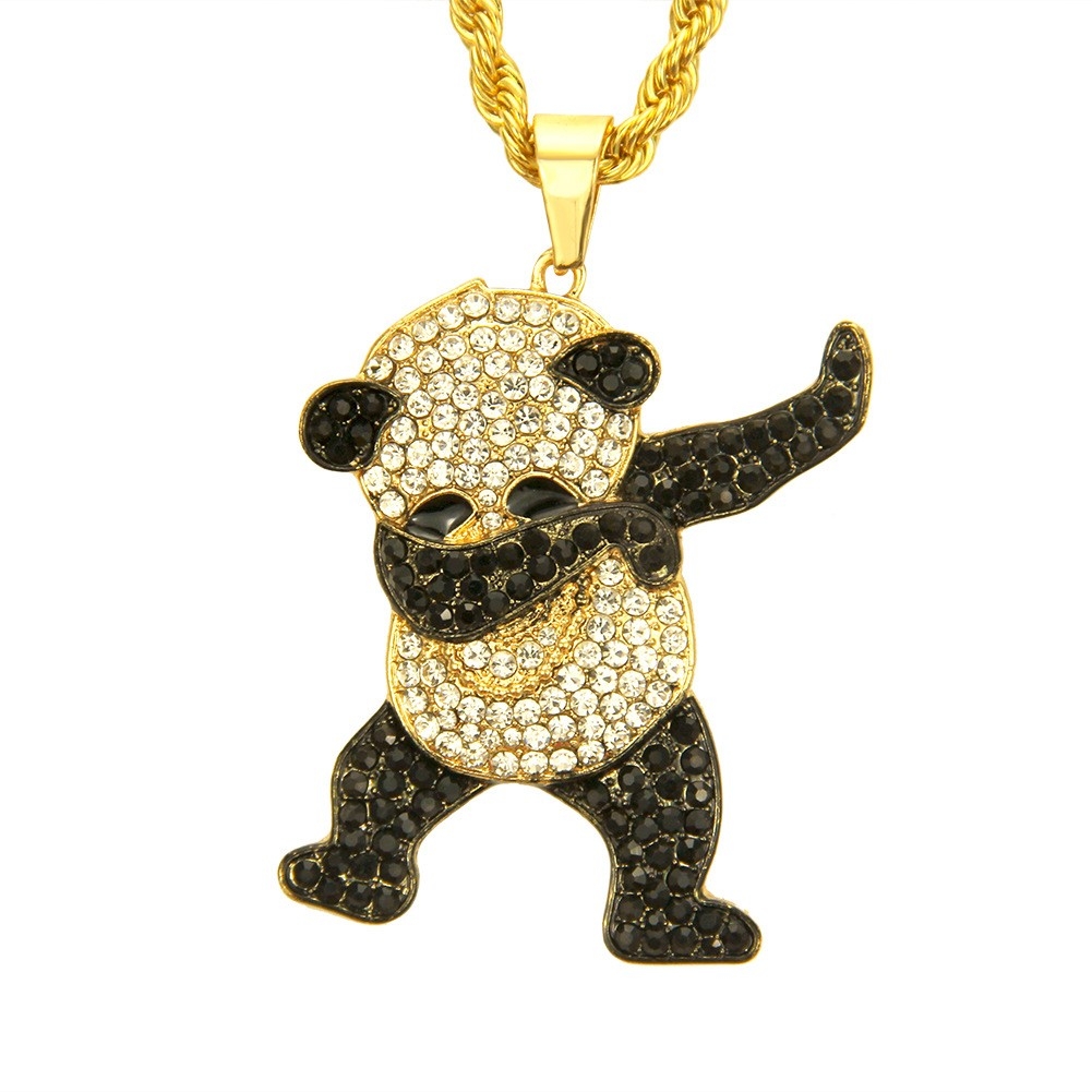 European and American hiphop diamond-studded panda pendant necklace, an exaggerated and cool long pendant accessory for nightclub wear, available for dropshipping