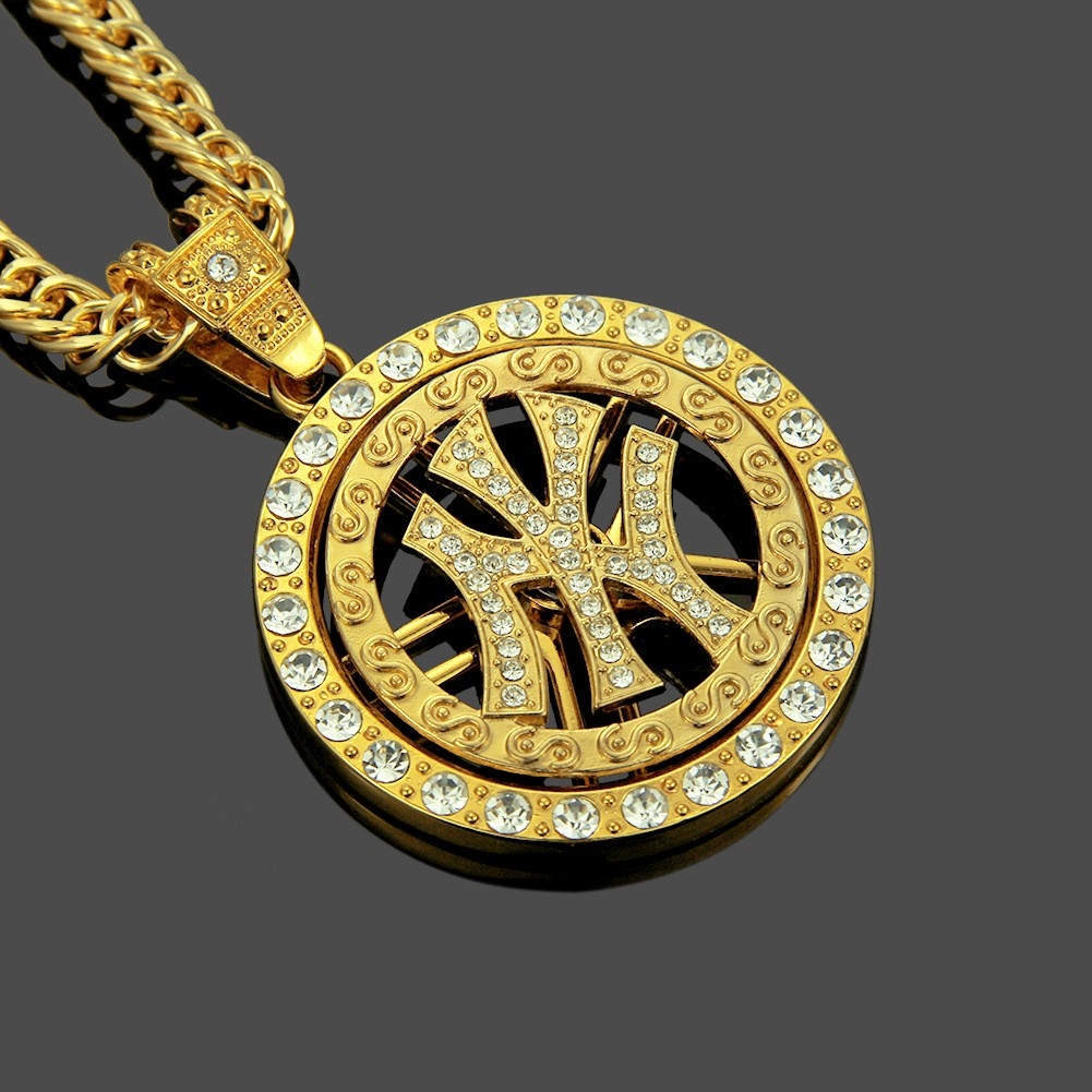 European and American personalized circular symbol gold diamond pendant necklace, men's long hiphop turntable pendant