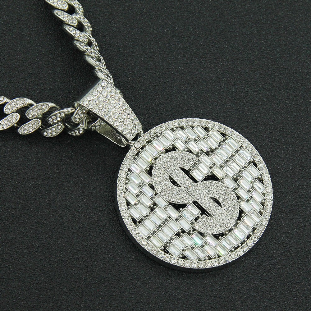 Full Diamond Dollar Round Hollow Pendant - European and American Cool Necklace