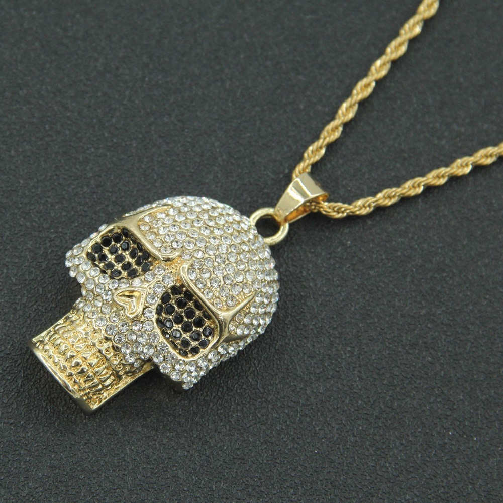 3D Fully Studded Skull Head Pendant Necklace - European and American Hip-Hop Nightclub Accessory