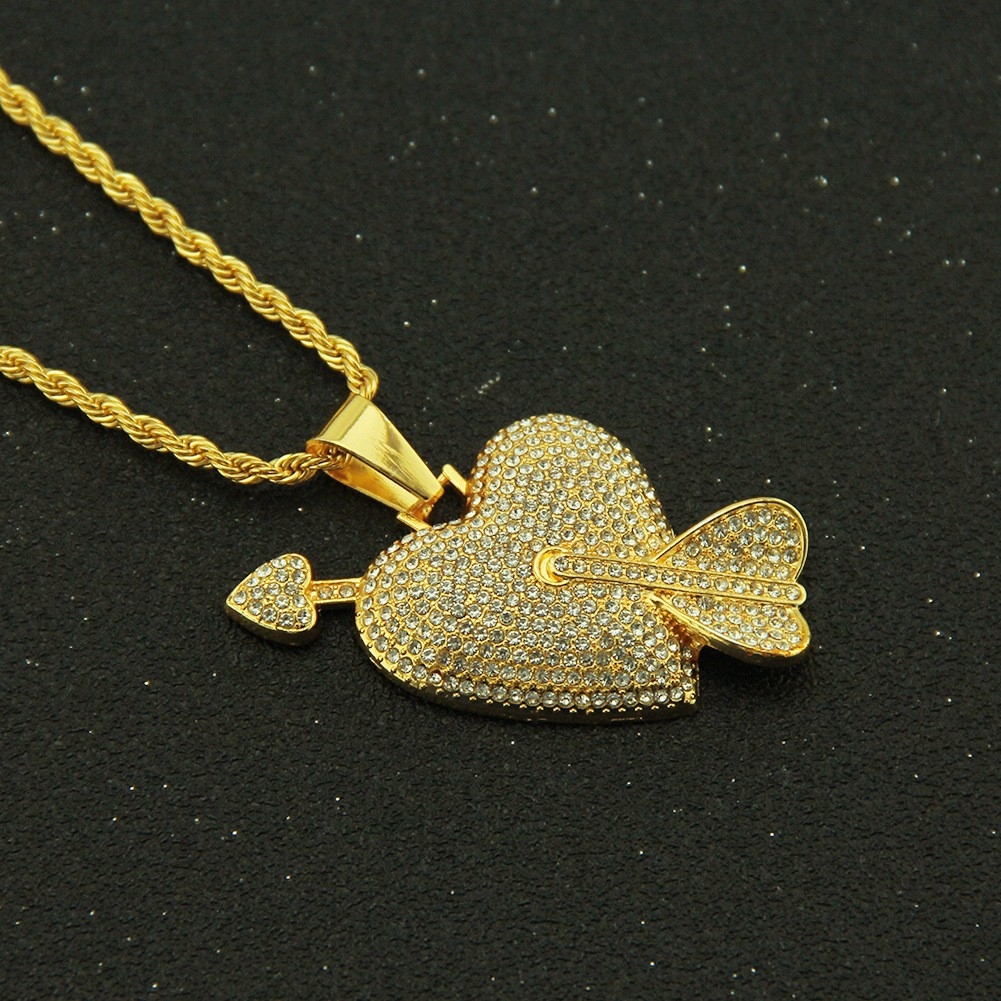 Hip Hop Rhinestone Heart Pendant Necklace - Environmentally Friendly Gold Plated Cupid's Arrow Necklace