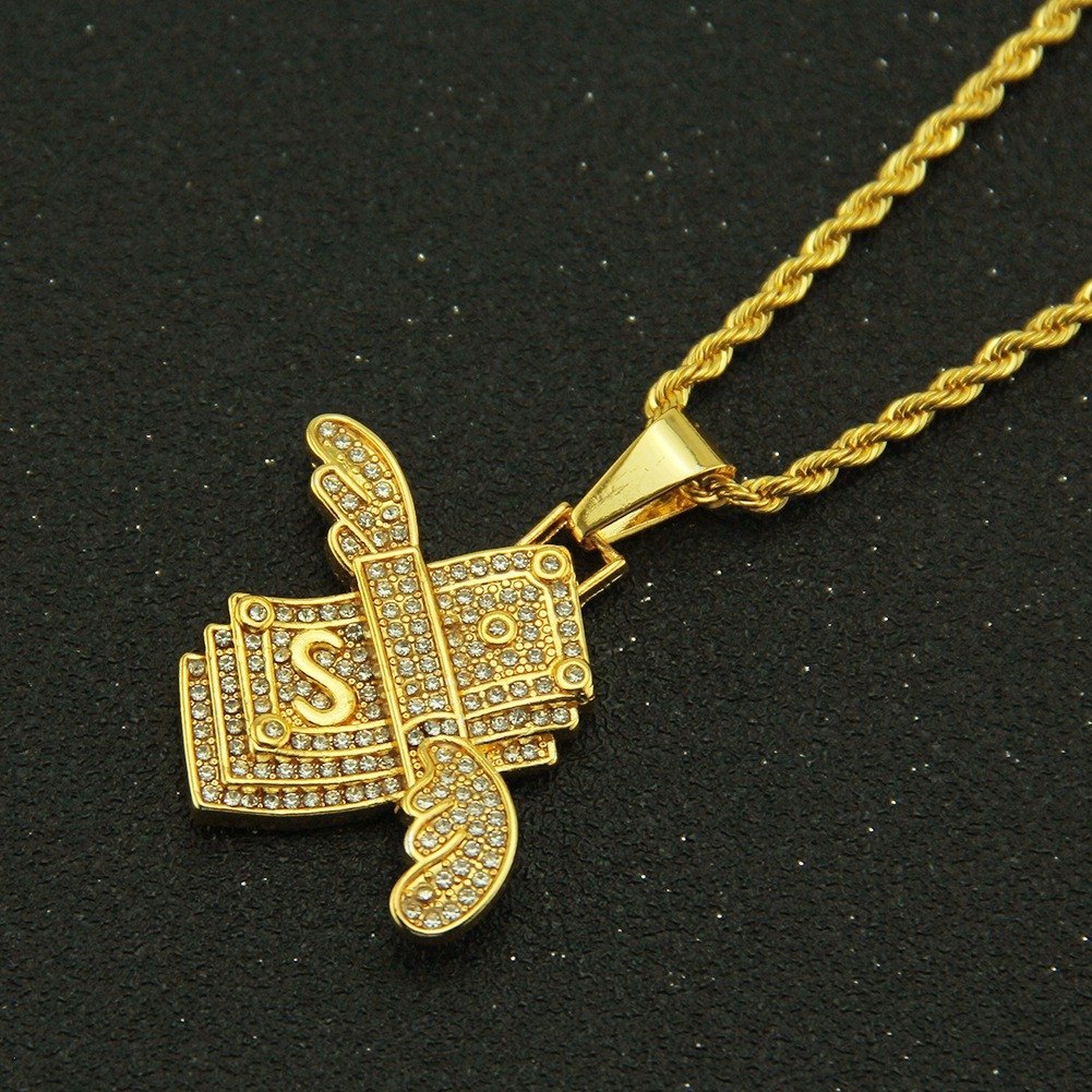 Hip Hop Rhinestone Angel Wings Dollar Sign Pendant Necklace - Fashionable Nightclub Men's Accessory