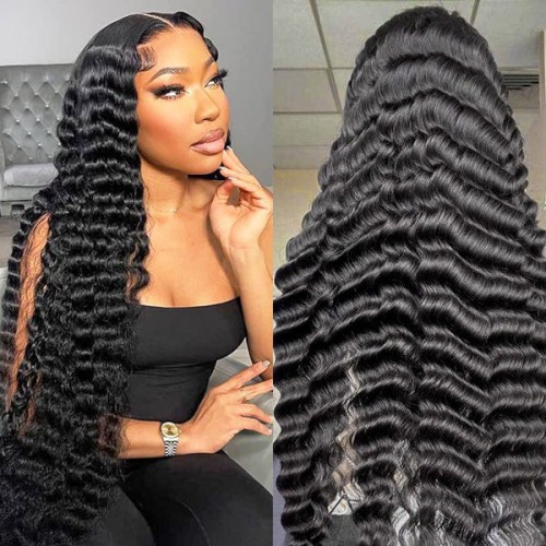 13x6 Full Lace HD Transparent Loose Deep Wave Wig Natural Black Color