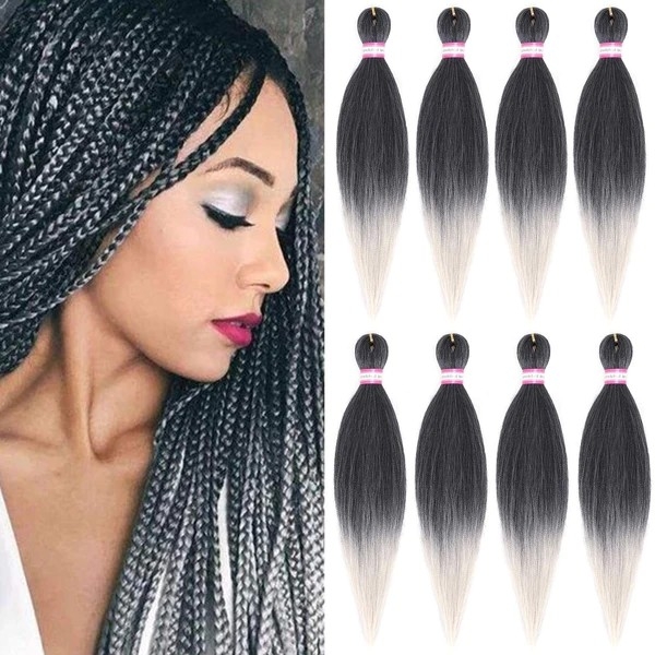 Pre-Stretched Synthetic Braiding Hair Yaki Straight Easy Braid Crochet Hair Extensions 8 Packs 1B/GRAY 20