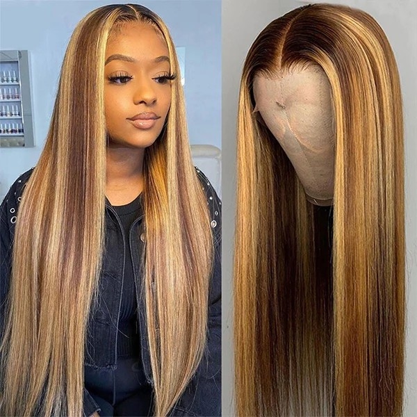 Curlyme Blonde Highlight Wig Glueless 13x4 HD Lace Front Wigs 250% Density 30 Inch Straight Human Hair Wigs P4 27