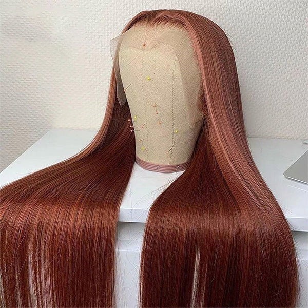 Reddish Brown 13x4 Glueless HD Lace Front Wigs Straight #33 Auburn Brown Human Hair Wigs