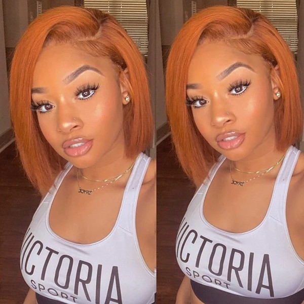 Short Ginger Lace Front Bob Wigs Side Part Straight Colored Human Hair Bob Wigs